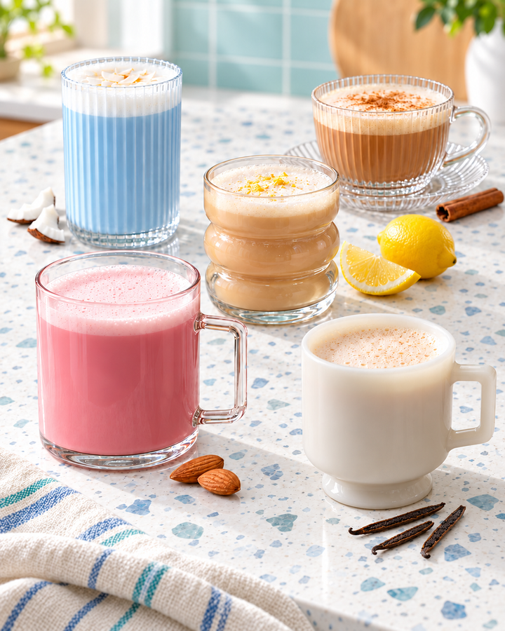 Four colorful smoothies in different glass containers and mugs arranged on a speckled countertop with lemons, almonds, cinnamon sticks, and a striped cloth. The drinks include blue, tan, pink, and creamy beige tones.