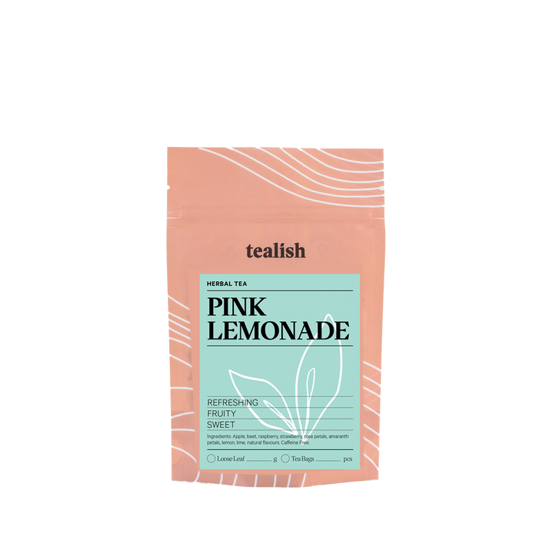 tealish pink lemonade herbal tea. loose leaf tea. strawberry and lemon caffeine free herbal tea. perfect for making iced tea. 