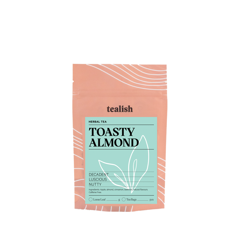 tealish tea toasty almond herbal tea. Roasted Almond Tea, dessert tea, pink tea, caffeine free tea. Perfect for making a tea latte. Beetroot latte. Loose Leaf Tea