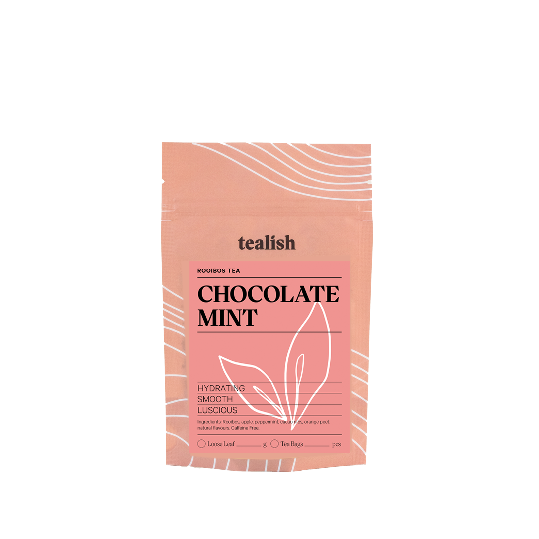 tealish chocolate mint rooibos tea. loose leaf tea. chocolate mint dessert tea. caffeine free herbal tea. perfect for making a tea latte. 
