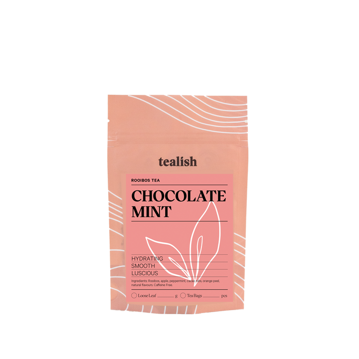 tealish chocolate mint rooibos tea. loose leaf tea. chocolate mint dessert tea. caffeine free herbal tea. perfect for making a tea latte. 
