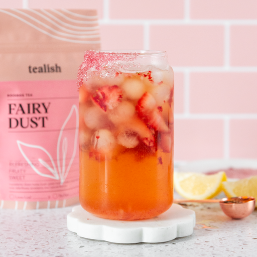 tealish fairy dust rooibos tea. loose leaf tea with strawberry and kiwi. caffeine free herbal tea. perfect for making iced tea. 