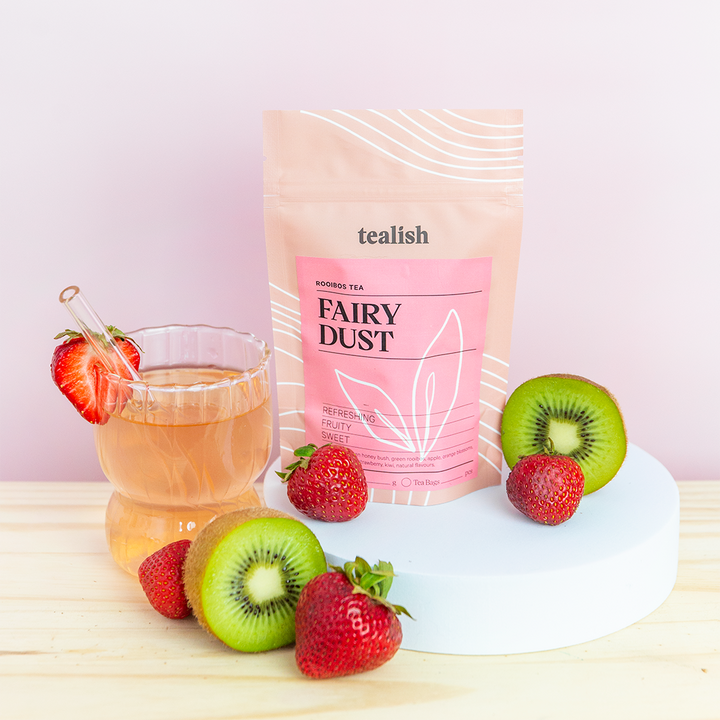tealish fairy dust rooibos tea. loose leaf tea with strawberry and kiwi. caffeine free herbal tea. perfect for making iced tea. 