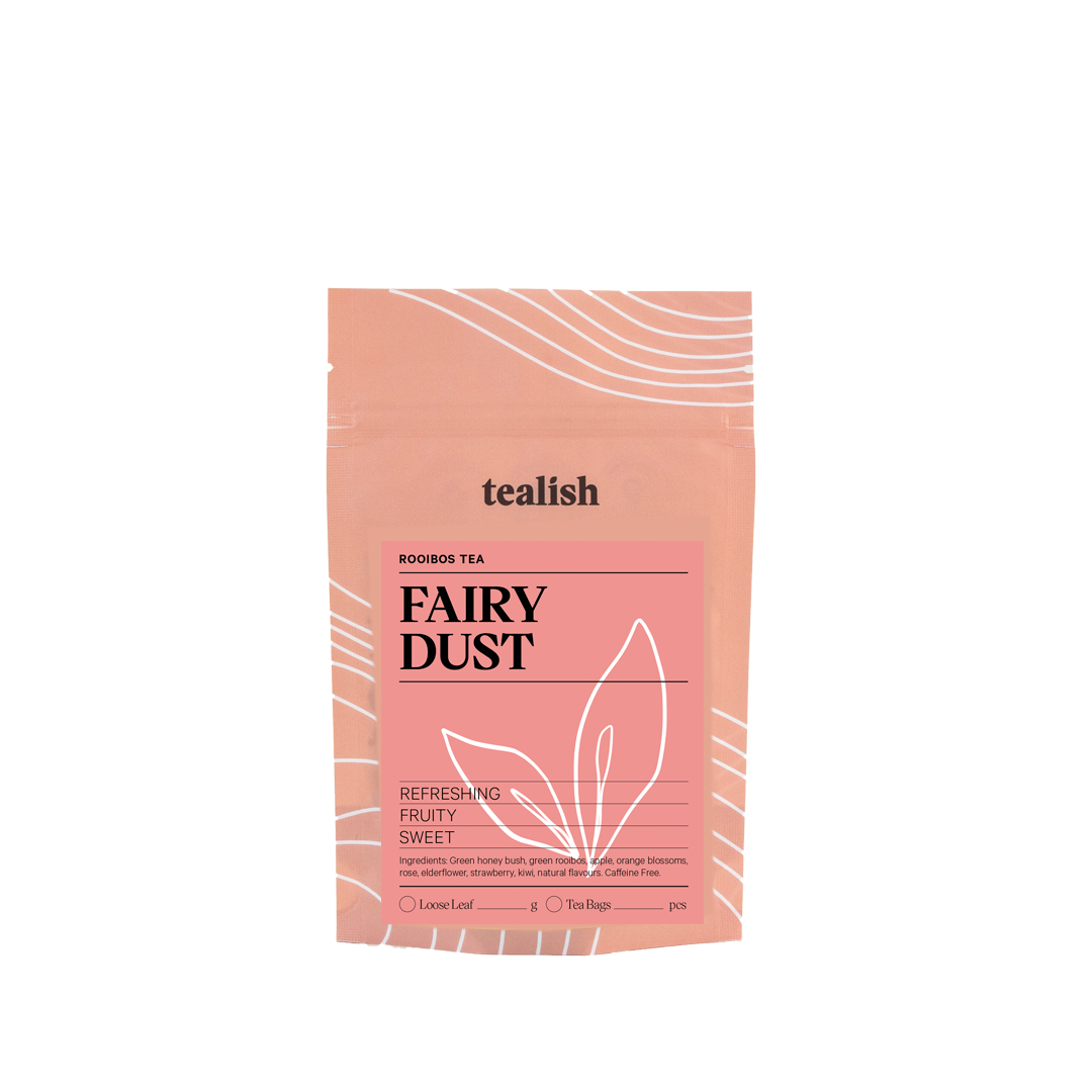 tealish fairy dust rooibos tea. loose leaf tea with strawberry and kiwi. caffeine free herbal tea. perfect for making iced tea. 