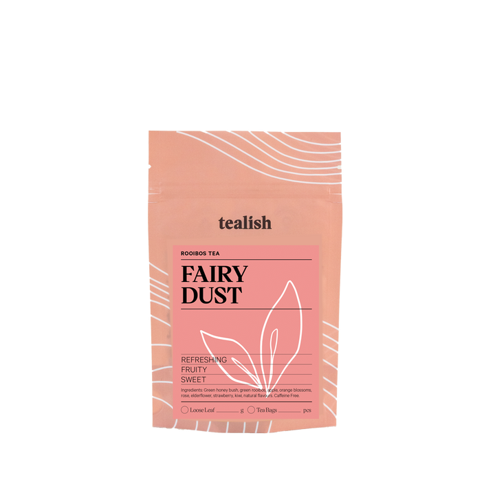 tealish fairy dust rooibos tea. loose leaf tea with strawberry and kiwi. caffeine free herbal tea. perfect for making iced tea. 
