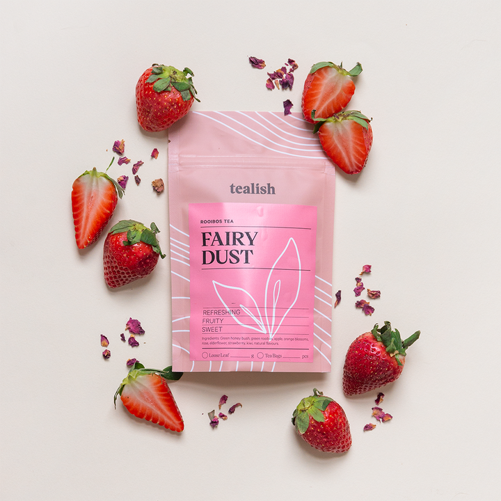 tealish fairy dust rooibos tea. loose leaf tea with strawberry and kiwi. caffeine free herbal tea. perfect for making iced tea. 