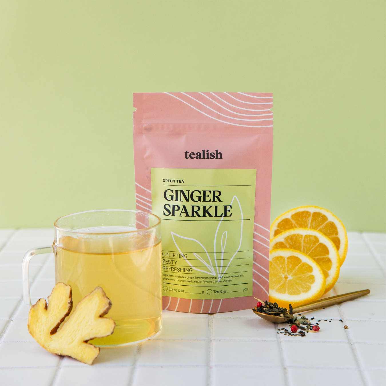 Tealish Ginger Sparkle Green Tea. Loose Leaf Tea. Wellness Tea. Lemon and Ginger Green tea 