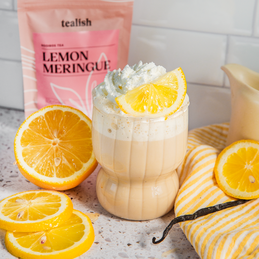 tealish lemon meringue rooibos tea. loose leaf tea. caffeine free dessert tea. Lemon and vanilla herbal tea. Perfect for making a tea latte. 