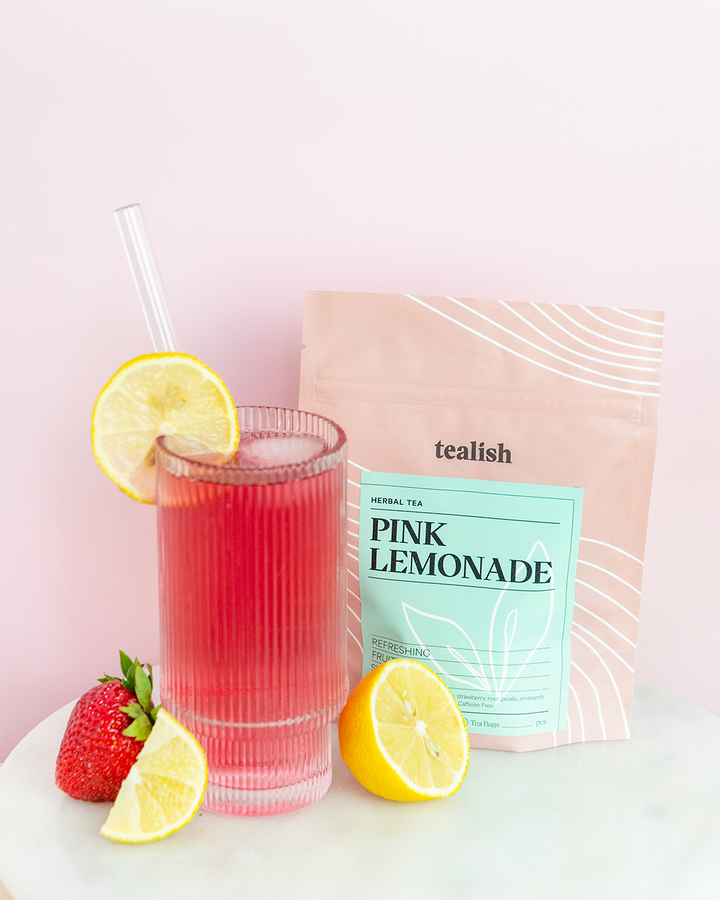 tealish pink lemonade herbal tea. loose leaf tea. strawberry and lemon caffeine free herbal tea. perfect for making iced tea. 