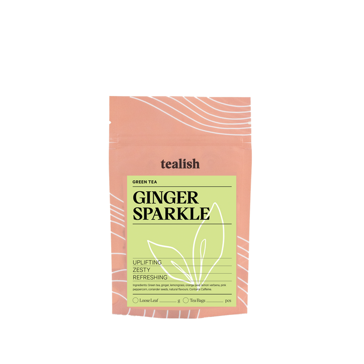 tealish ginger sparkle green tea. Loose Leaf Tea. green tea with ginger and lemon. immune boosting tea. tea for digestion. citrus and ginger green tea. 