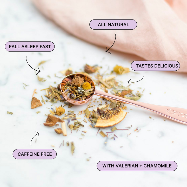 Tea leaves with a spoon on a light background, labeled for benefits like &