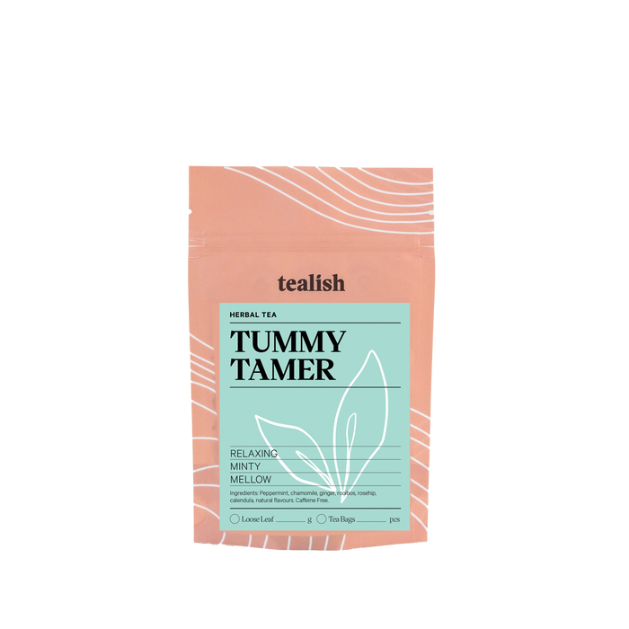 tealish tummy tamer herbal tea. loose leaf tea with chamomile and peppermint. tea for digestion. tea for calming. 