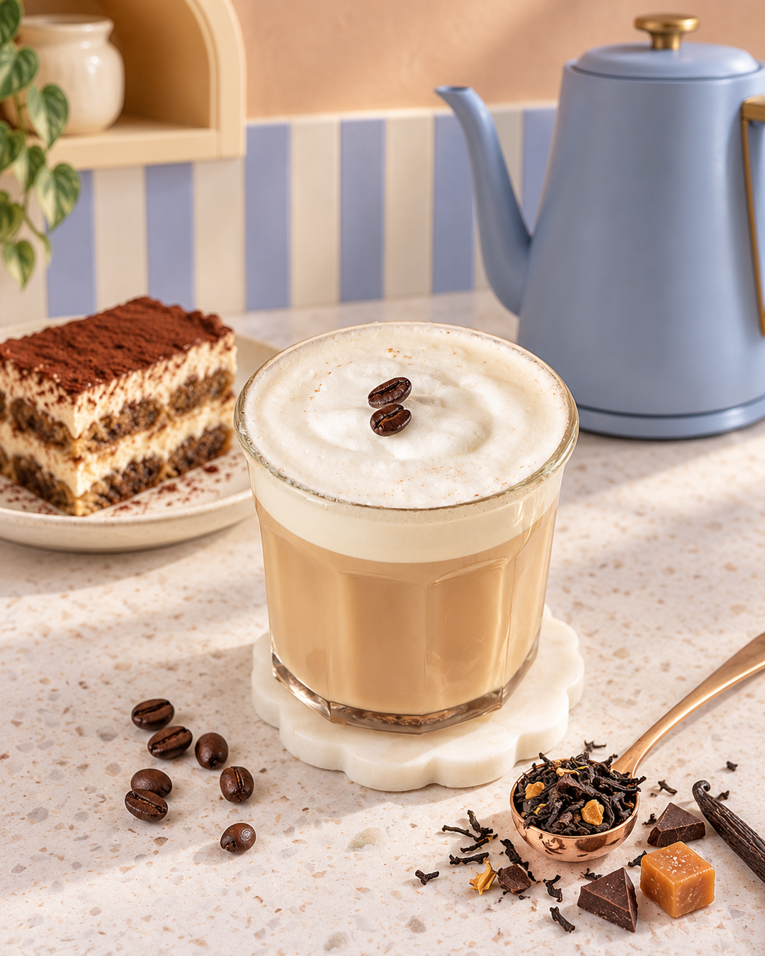 A glass of layered tea latte with creamy foam and two coffee beans on top, set on a white coaster on a speckled countertop. A slice of tiramisu, coffee beans, a copper spoon with tea and chocolate, and a blue teapot are arranged around it in a warm kitchen setting.