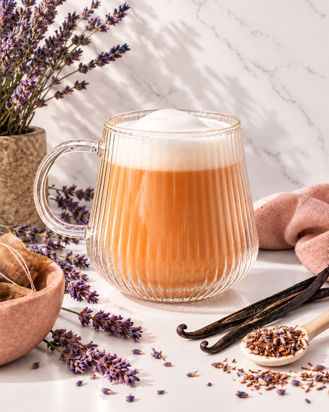 A ribbed clear glass mug filled with an orange-amber beverage topped with white foam, styled on a light marble surface with lavender sprigs, vanilla beans, tea bags, and a pink cloth.