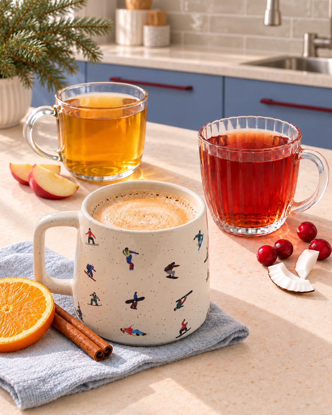 A cozy kitchen scene with three mugs of hot beverage on a countertop: a large speckled cream mug with small colorful skier motifs in the foreground, a clear glass mug of amber tea behind it, and a clear glass mug of red tea to the right. Slices of apple, orange, cinnamon, and red berries are arranged around the mugs.