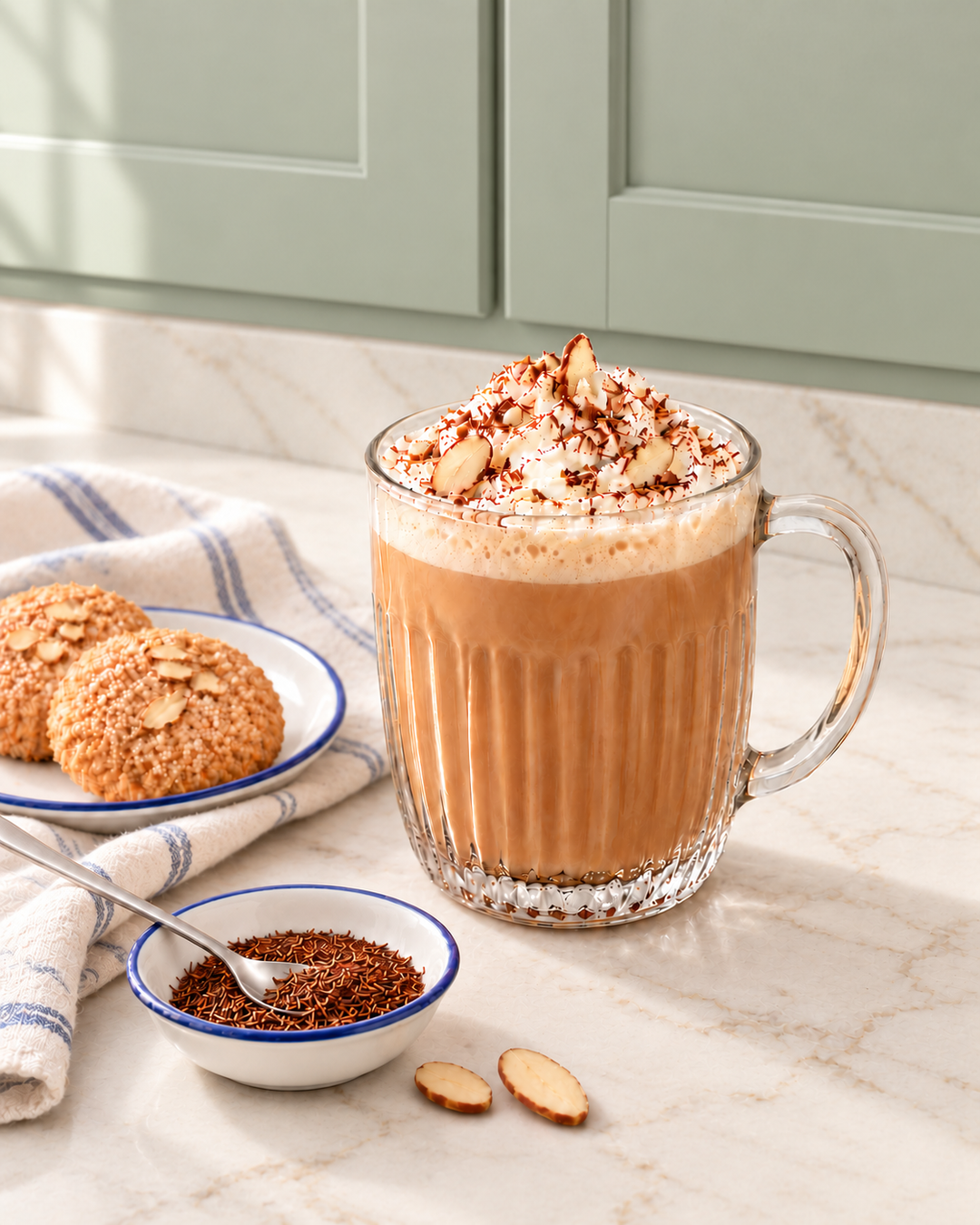 A glass mug filled with a frothy almond tea latte topped with whipped cream and sliced almonds, set on a marble countertop with cookies, a small bowl of cocoa powder, and a striped cloth in a kitchen setting.