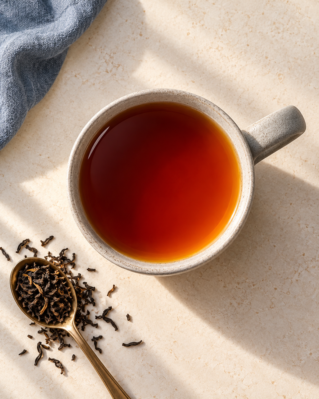 assam black tea in a mug with pile of tea on a spoon next to it