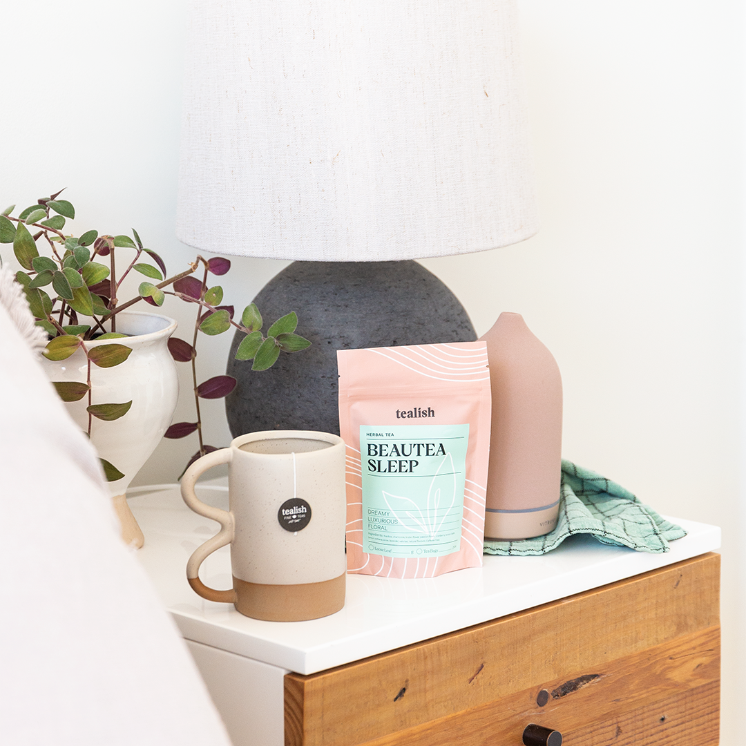 Tealish Beautea Sleep caffeine-free herbal tea with a cup of tea