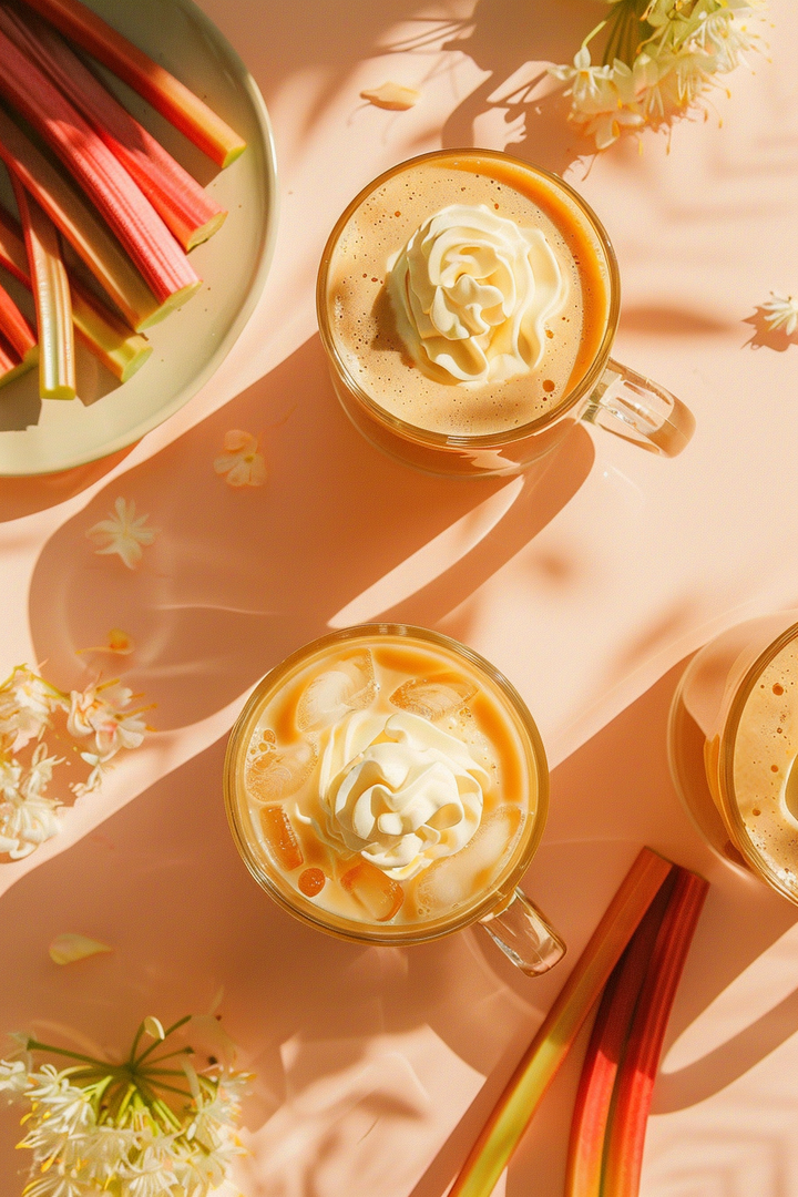Two glasses of iced coffee with whipped cream on a pink surface with rhubarb and flowers.