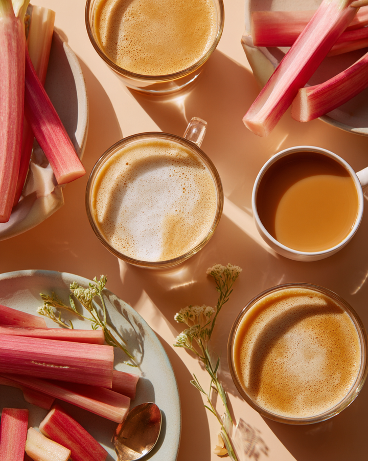 Café au lait in glass cups with rhubarb on a pink background