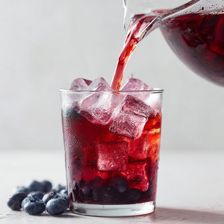 Blueberry Bliss blueberry iced tea being poured over ice with blueberries
