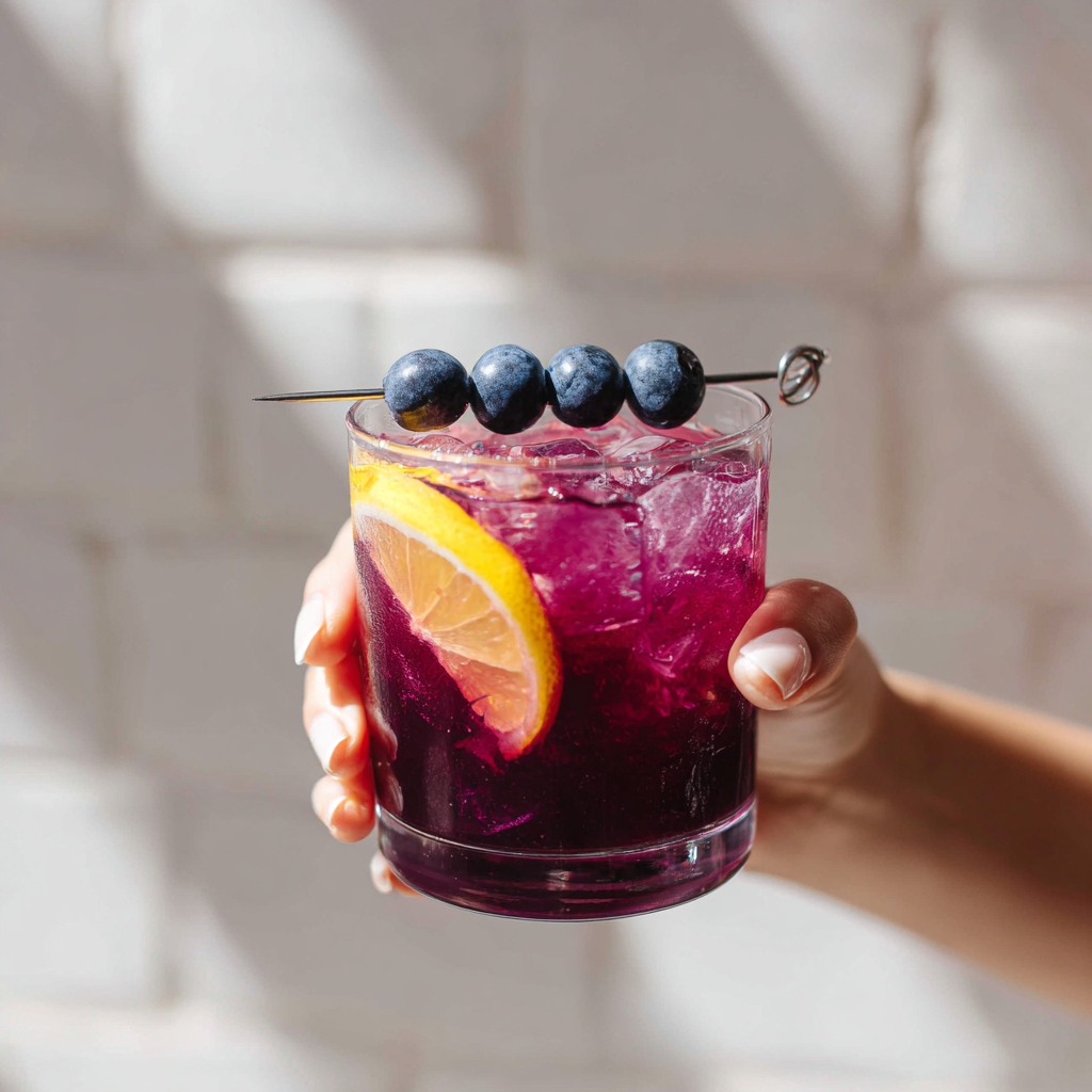 Blueberry Bliss tea mocktail with blueberries and a lemon slice
