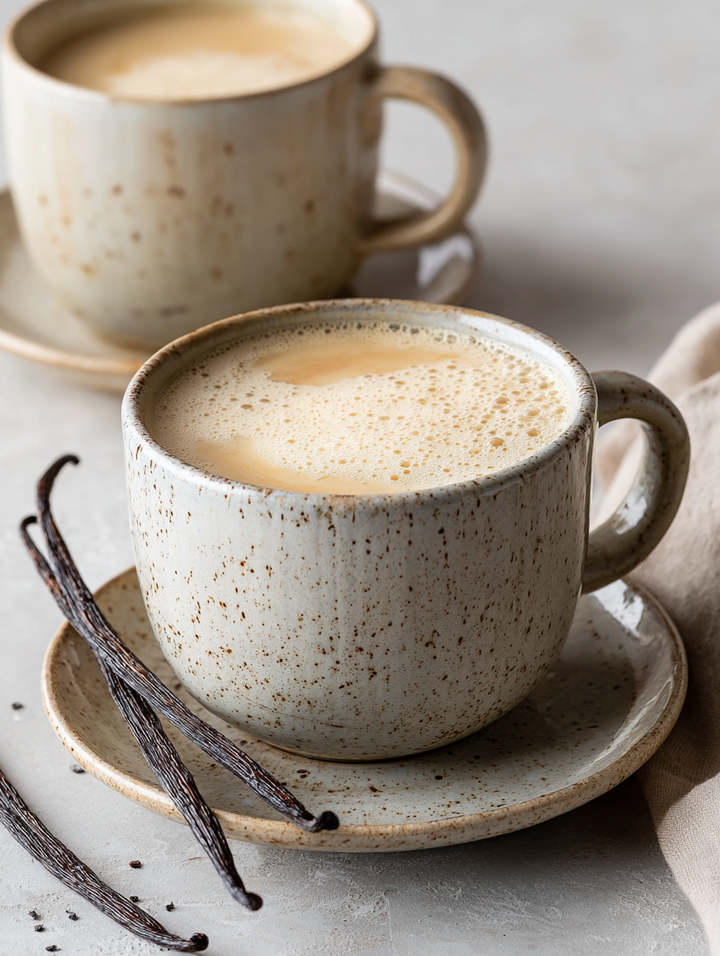 Creamy Bourbon Vanilla yerba mate tea latte with vanilla beans