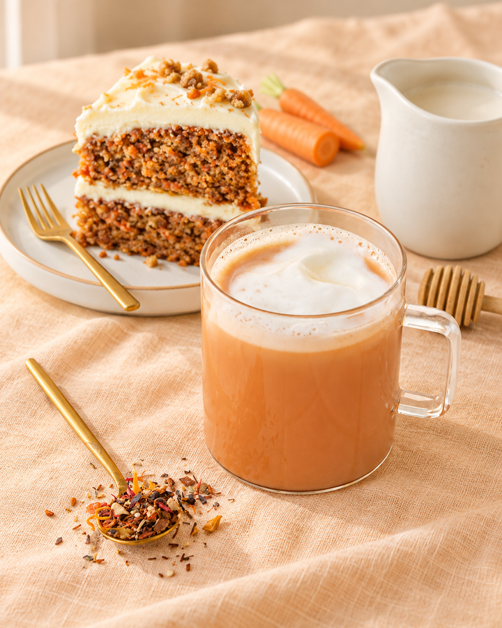 A clear glass mug filled with a frothy orange-amber beverage sits on a beige cloth beside a slice of layered carrot cake on a white plate, with carrots, a white pitcher, a gold spoon, and dried fruit pieces arranged around it.