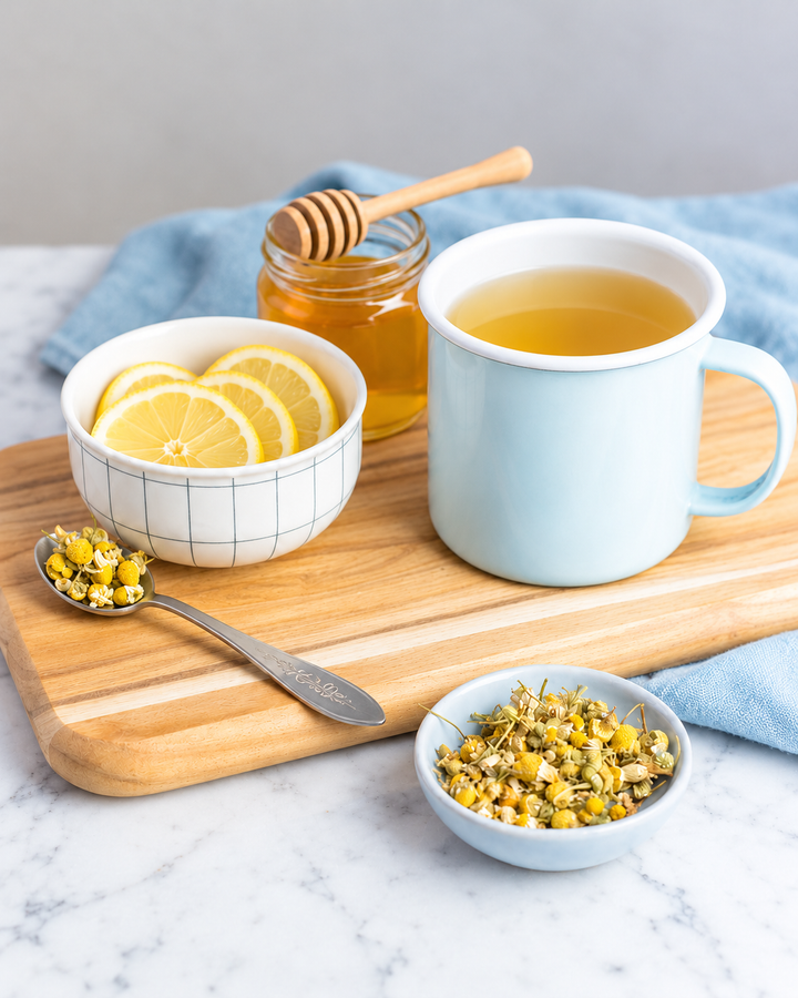 A light blue ceramic mug filled with tea sits on a wooden cutting board beside a bowl of lemon slices, a small dish of chamomile tea, and a jar of honey with a wooden dipper. A light blue cloth is draped in the background on a white marble surface.