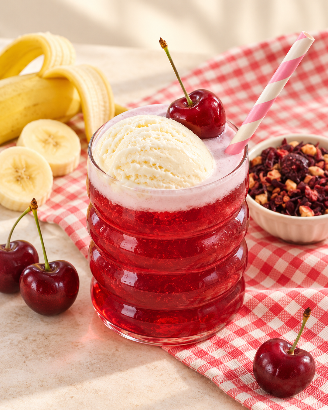 A glass of red fruit drink topped with a scoop of vanilla ice cream and a cherry, with banana slices, cherries, and a small bowl of dried fruit on a red-and-white checkered cloth.