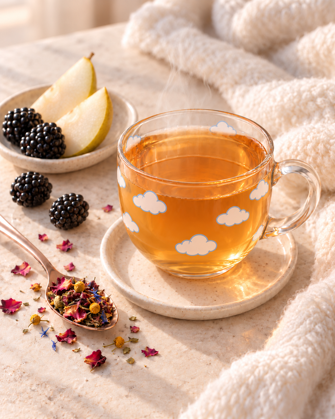 A clear glass teacup with white cloud patterns filled with herbal relaxing tea, set on a matching saucer on a cozy beige surface with a white knit blanket, dried flower petals, a spoonful of loose herbal tea, and blackberries with pear slices nearby.