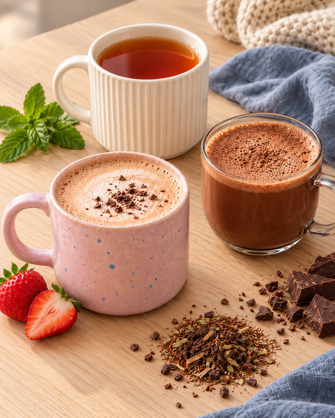 Three mugs of hot beverages on a wooden table: a pink speckled mug with latte art and cocoa powder, a white ribbed mug with amber tea, and a clear glass mug with chocolate milk. Strawberries, chocolate pieces, loose cocoa powder, mint, and a blue cloth are arranged around them.