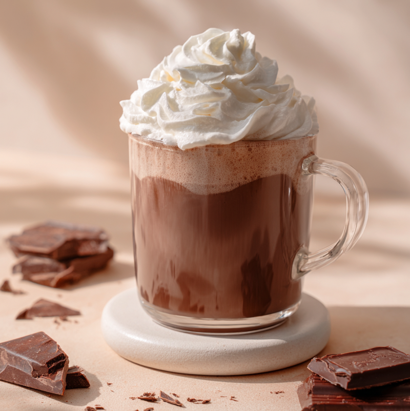 Hot chocolate with whipped cream in a clear mug on a beige background