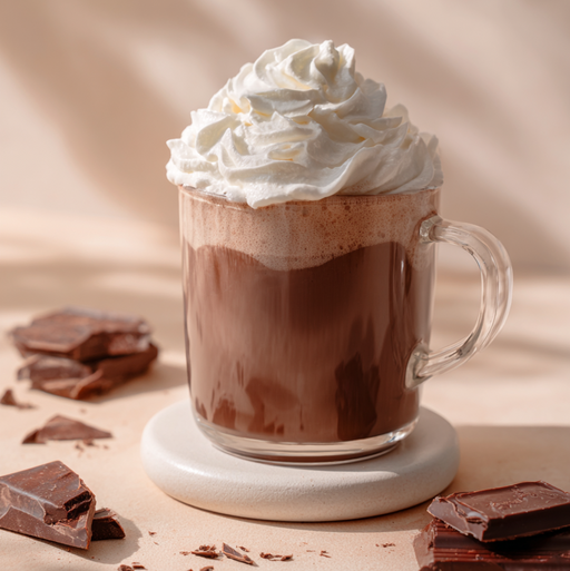 Hot chocolate with whipped cream in a clear mug on a beige background