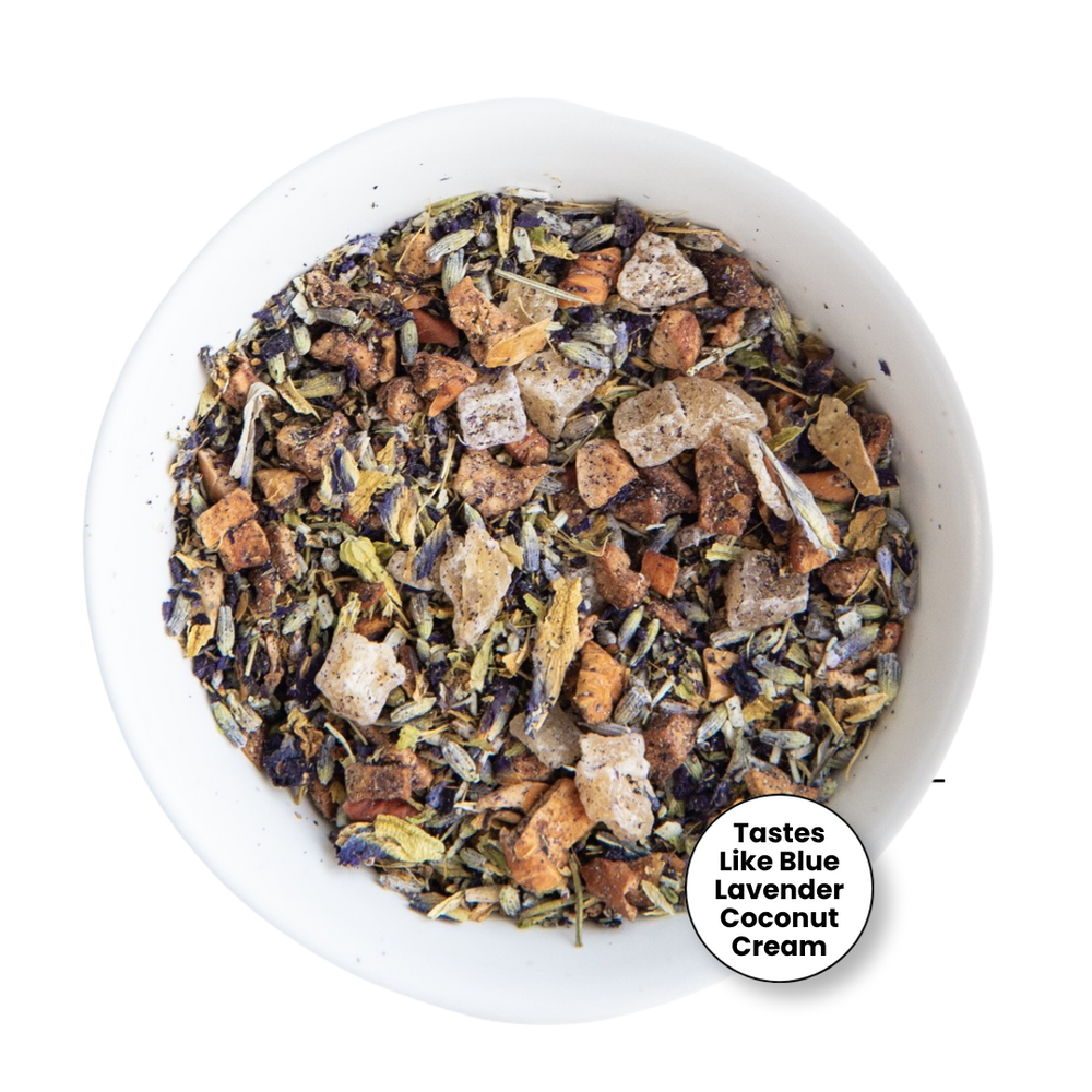 Coconut Sky loose leaf herbal tea with coconut and butterfly pea flower