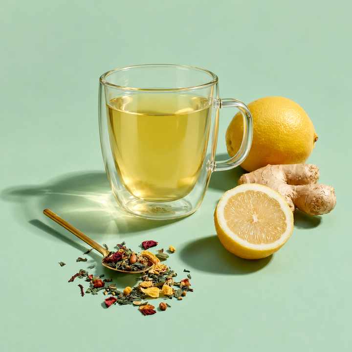 A clear double-walled glass mug filled with cold fighter green tea, styled on a mint green background with a whole lemon, a halved lemon, ginger root, loose leaf tea, and a small gold spoon.