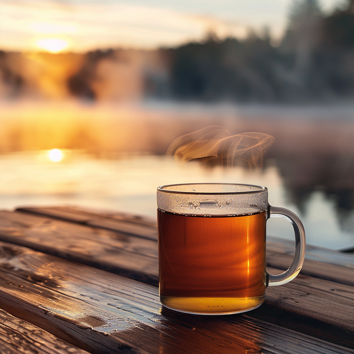 Steaming mug of hot beverage on a wooden deck with a sunset over water background