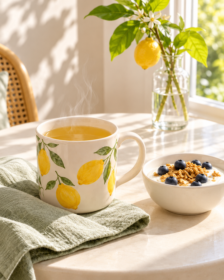A white ceramic mug with a yellow lemon and green leaf pattern sits on a light green cloth on a sunlit table, filled with a yellow beverage. A small white bowl of granola with blueberries is beside it, with a glass vase of lemon flowers in the background near a window.