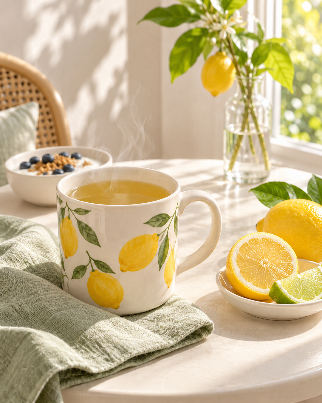 A white ceramic mug decorated with a yellow lemon and green leaf pattern, filled with a steaming yellow beverage and placed on a light green cloth on a sunlit table. Lemons, a lime wedge, a small bowl of blueberries, and a glass vase with green leaves are arranged around it in a bright, natural setting.