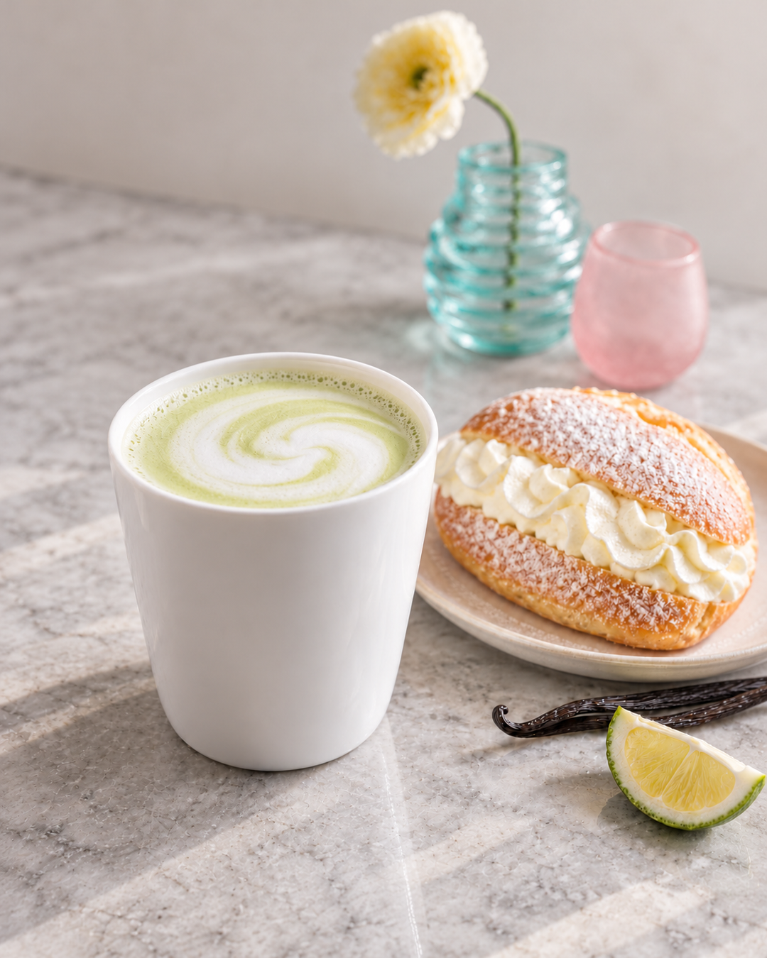 A white ceramic cup filled with a light green tea latte featuring a white foam swirl, set on a gray marble surface next to a cream-filled pastry dusted with powdered sugar, a lime wedge, vanilla beans, and a small blue glass vase with a flower.