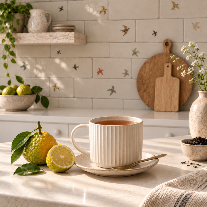 Organic earl grey tea in a cream coloured mug with tea inside in a modern kitchen