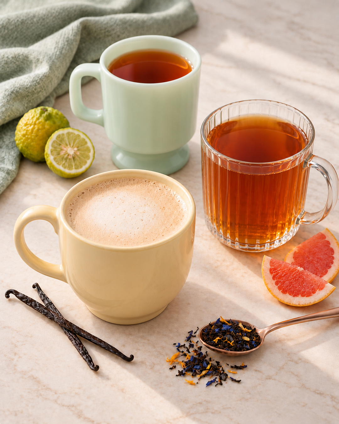 a collection of three earl grey teas in colourful mugs