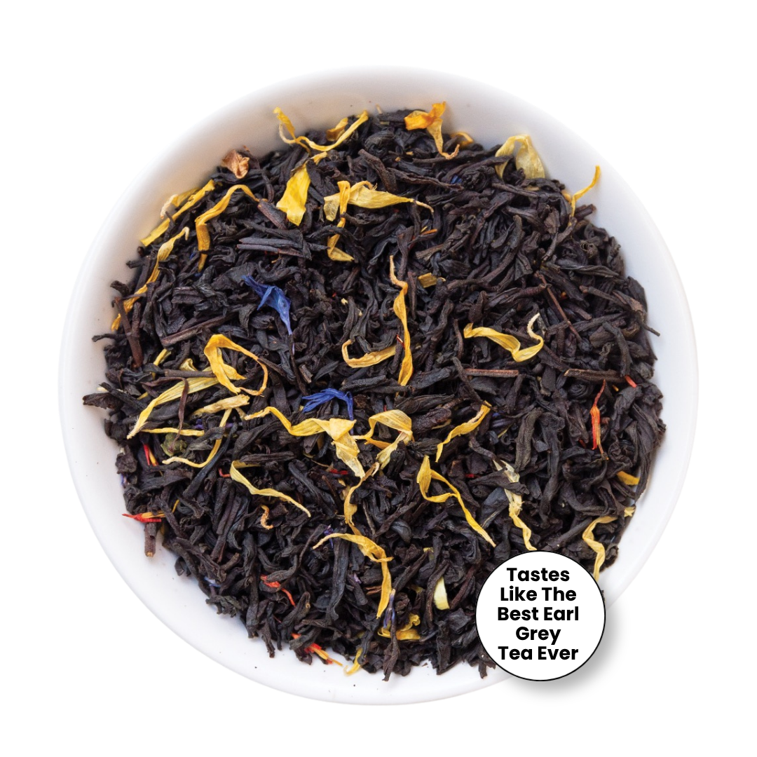 Tealish Electric Earl Grey breakfast tea with a brewed cup