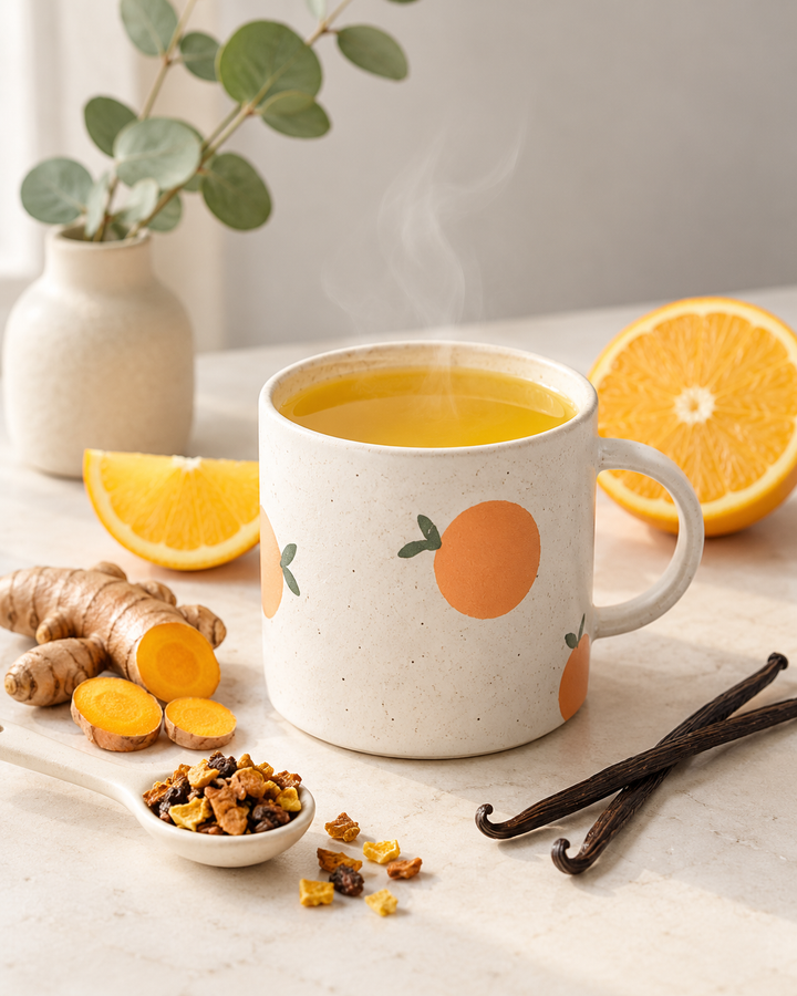 A speckled cream ceramic mug with orange illustrations, filled with steaming yellow-orange tea, styled on a light marble surface with orange slices, turmeric root, vanilla beans, and a small vase of eucalyptus in the background.