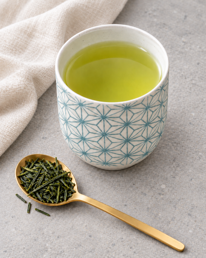 A white ceramic cup with a blue geometric pattern, filled with japanese gyokuro green tea, set on a gray surface next to a gold spoon holding loose green tea leaves and a beige cloth.