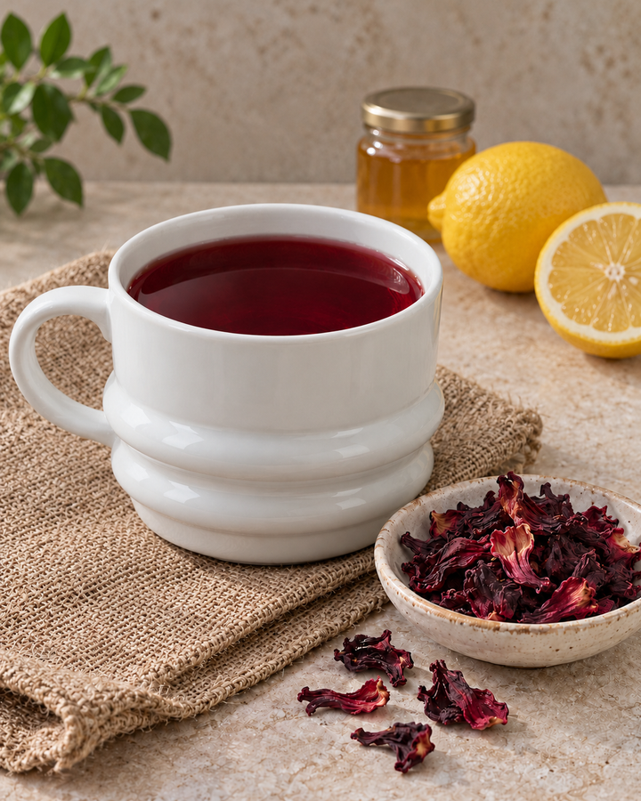 A white ceramic mug filled with a deep red beverage, styled on a burlap cloth with dried red flowers in a small bowl, a lemon, and a honey jar in the background.
