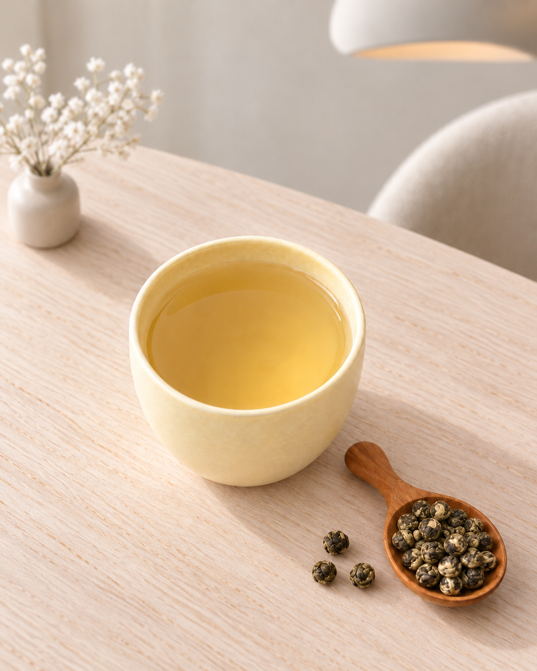 A pale yellow ceramic cup filled with light green tea sits on a light wood table, with a small wooden spoon holding loose tea buds nearby and dried flowers in a small vase in the background.