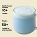 A light blue latte in a clear glass mug with foam on top, shown next to text stating 'Each Pouch makes 10+ Lattes. That's 50+ Lattes in one bundle.