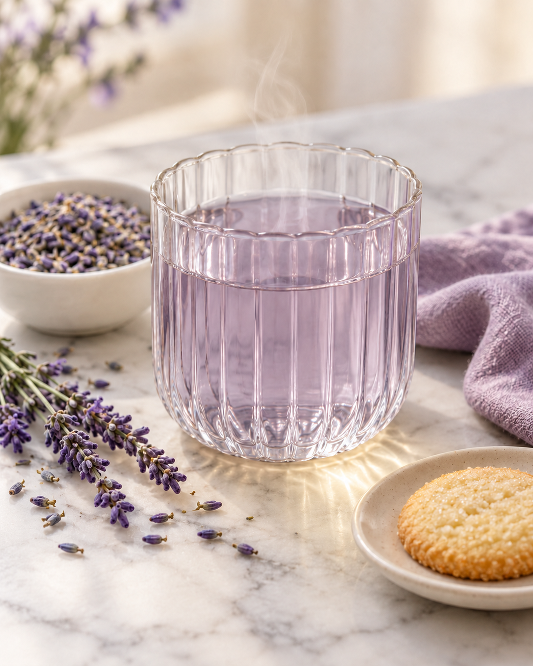 A clear ribbed glass tumbler filled with lavender tea, styled on a marble surface with lavender sprigs, a bowl of dried lavender, a cookie, and a purple towel.