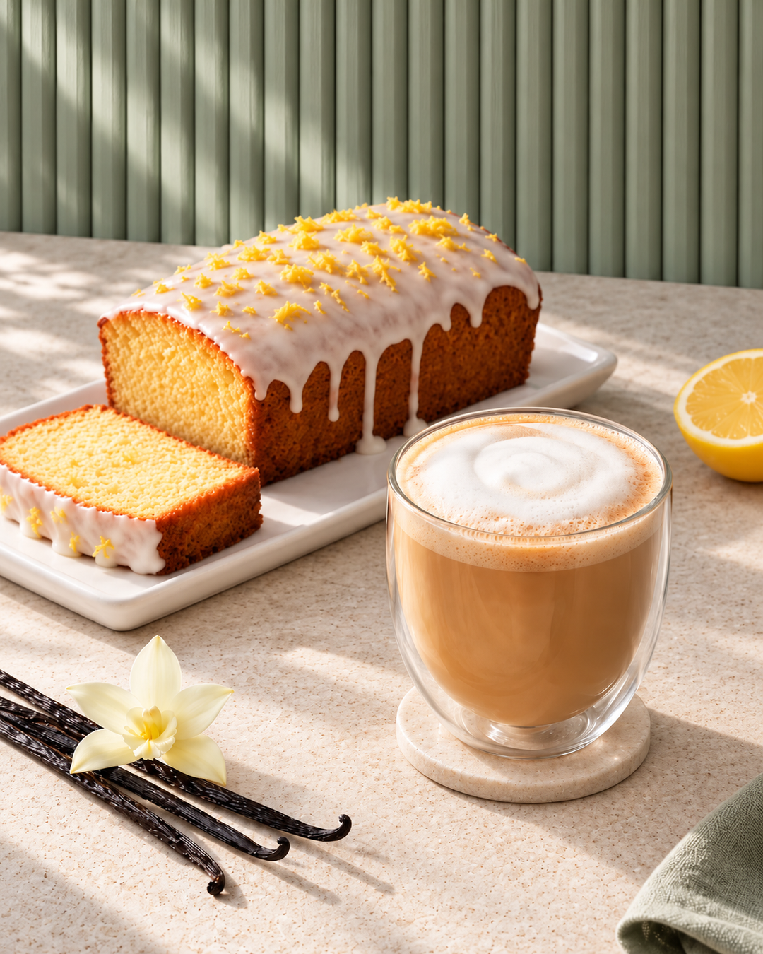 A loaf of lemon cake with white icing and citrus zest sits on a white platter beside a tea latte, with vanilla beans, a flower, and a lemon half on a tabletop against a green slatted background.
